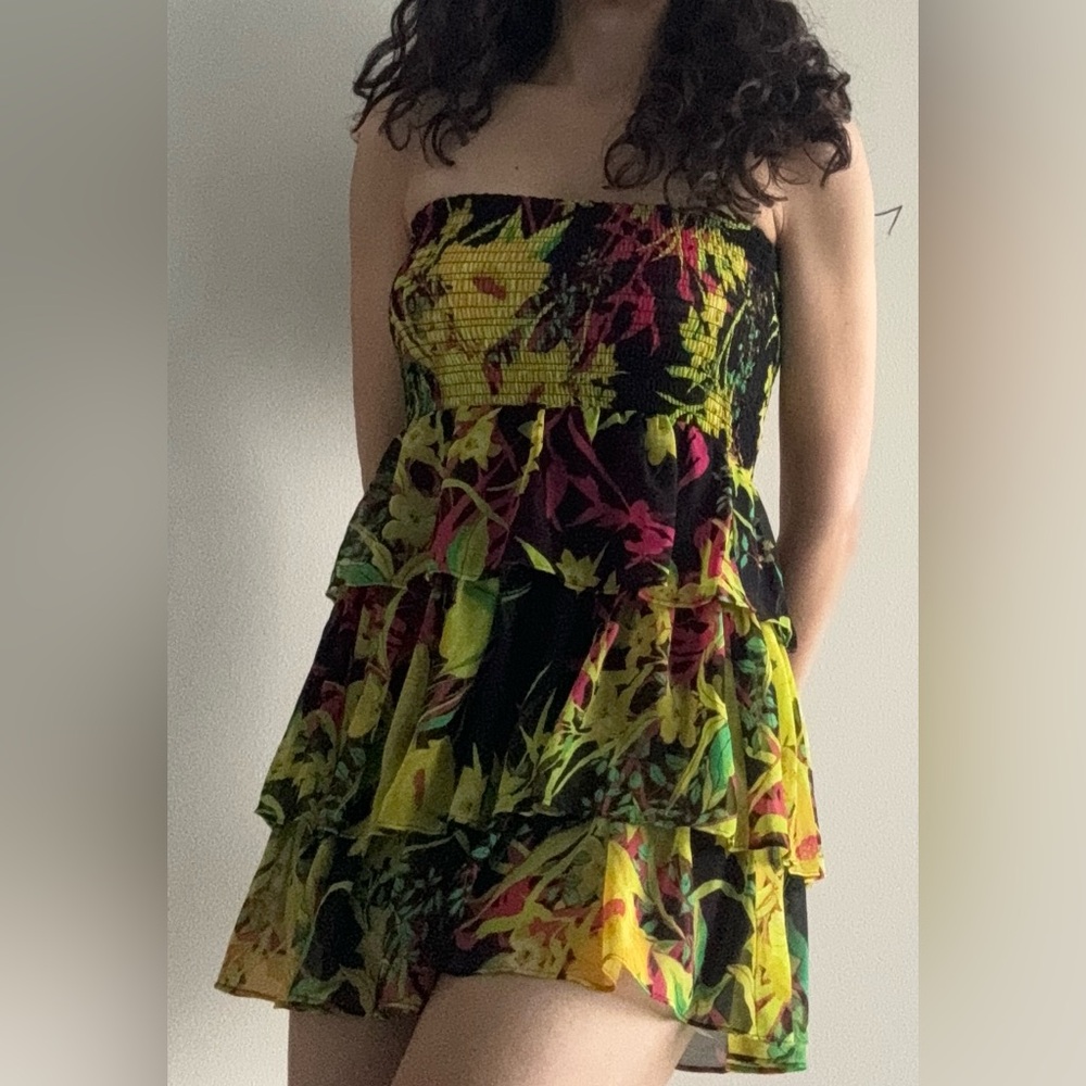 Tropical Strapless Tiered Mini Dress